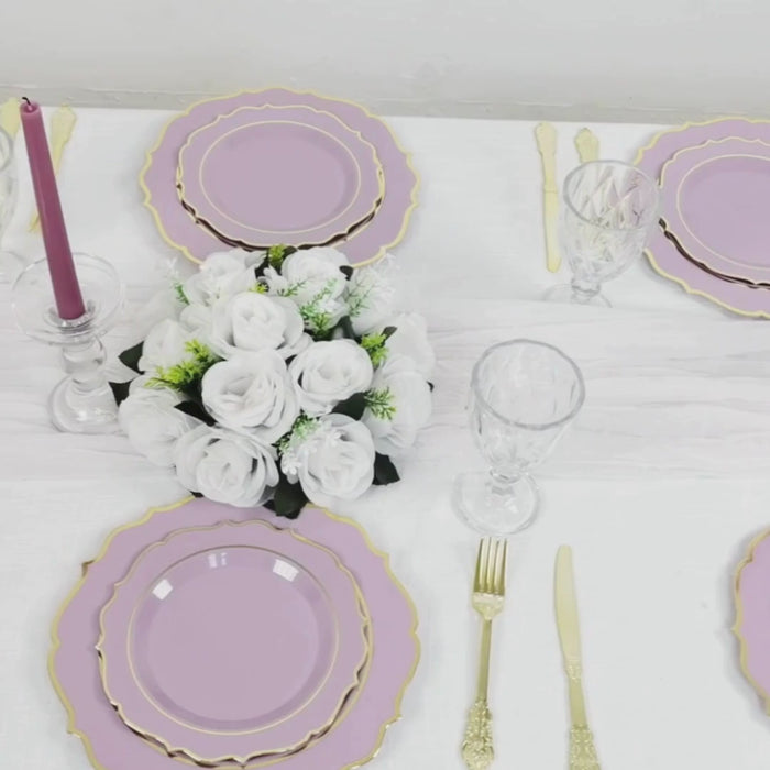 Lavender lilac disposable dessert plates with gold scalloped rim.