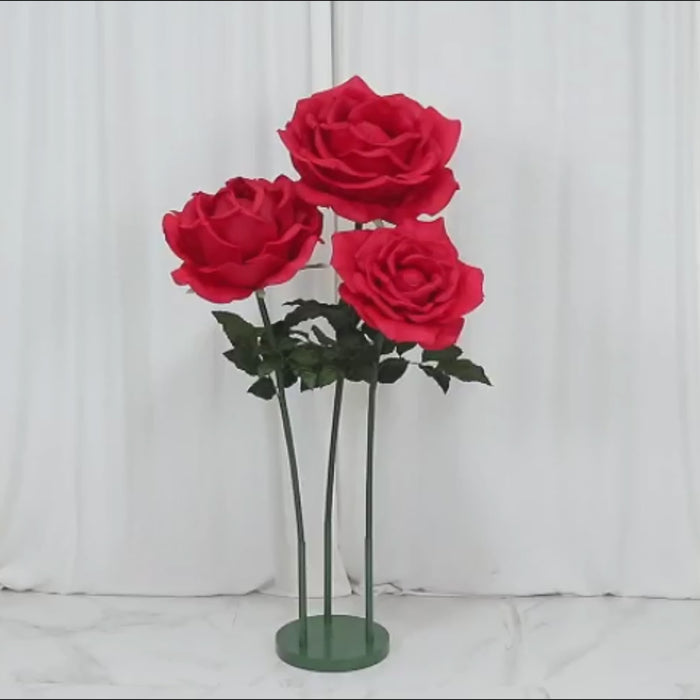 Oversized red artificial rose decor set, 3 pcs, 4.5ft tall for events and photo booths.