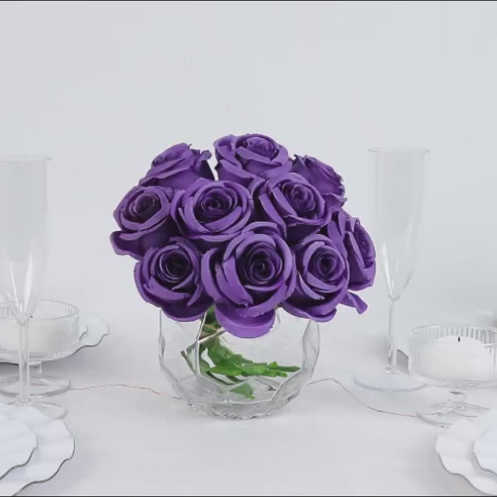 Purple silk roses bouquet in a clear vase, perfect for arrangements and decor.