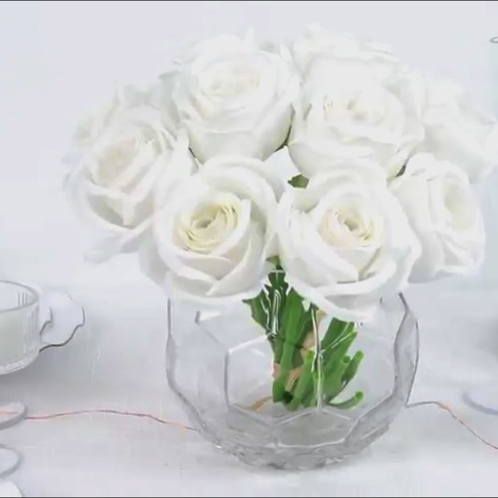 10 white silk roses in a clear vase, perfect for arrangements and bouquets.