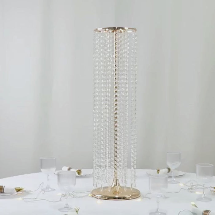Gold decorative flower stand vase with hanging crystal beads, 32" tall.