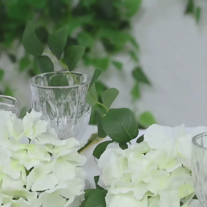 Ivory silk hydrangea garland with greenery, 5.5ft long.