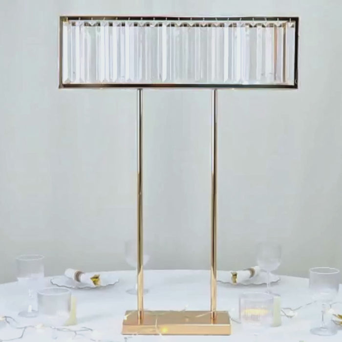 Gold metal crystal pendant flower stand centerpiece vase.