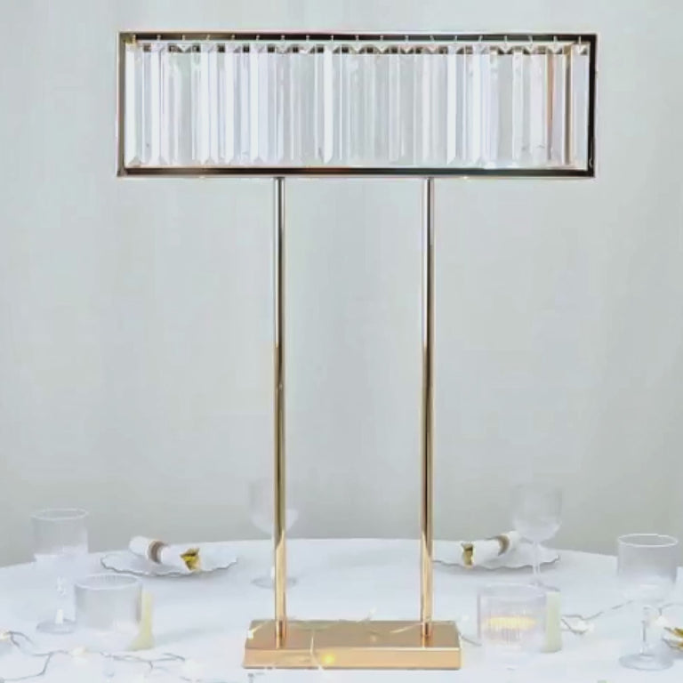 Gold metal crystal pendant flower stand centerpiece vase.