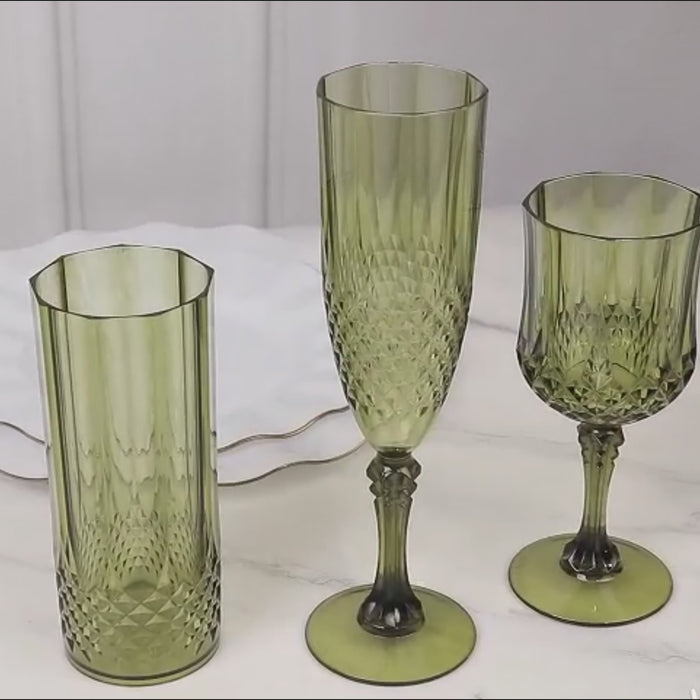 Dusty sage green crystal cut champagne glasses, shatterproof and elegant.