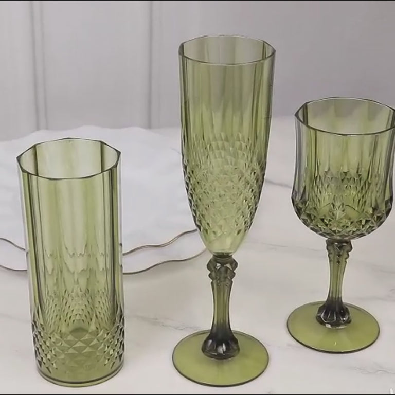 Dusty sage green crystal cut champagne glasses, shatterproof and elegant.