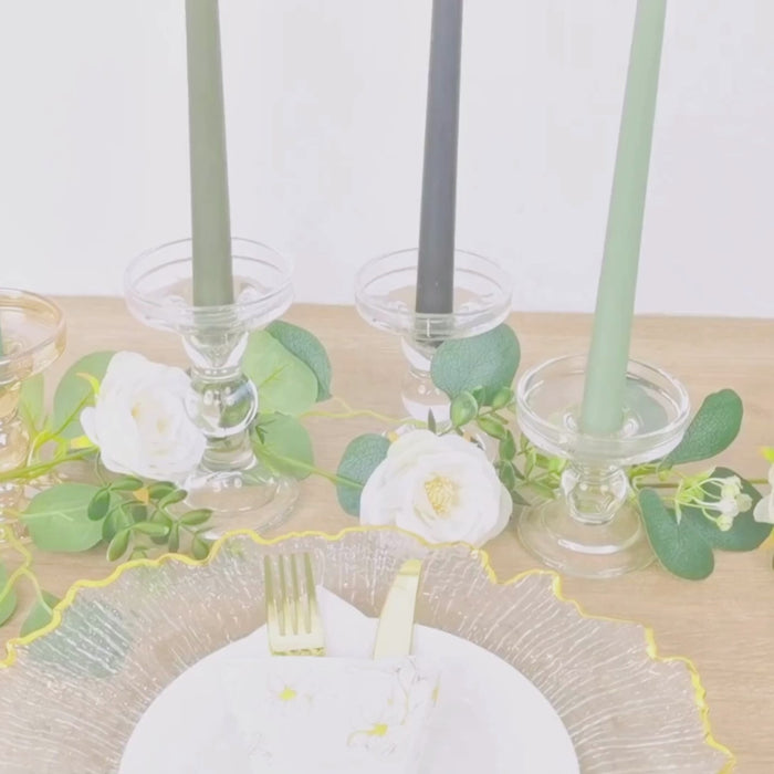 10" sage green taper candles in elegant glass holders for sophisticated decor.