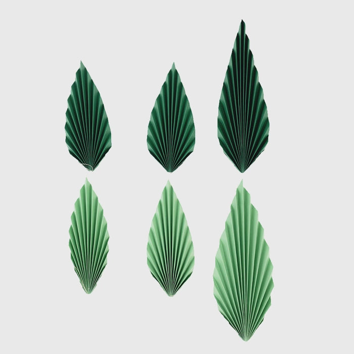 Set of 6 mixed green paper fans in tropical leaf designs.
