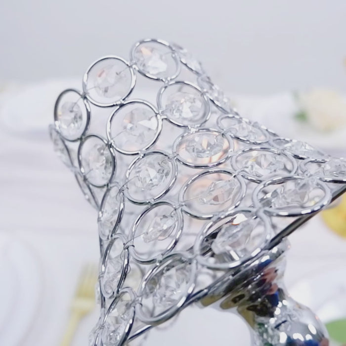 Silver centerpiece candle holder with crystal beaded shade. Ideal for weddings and events.