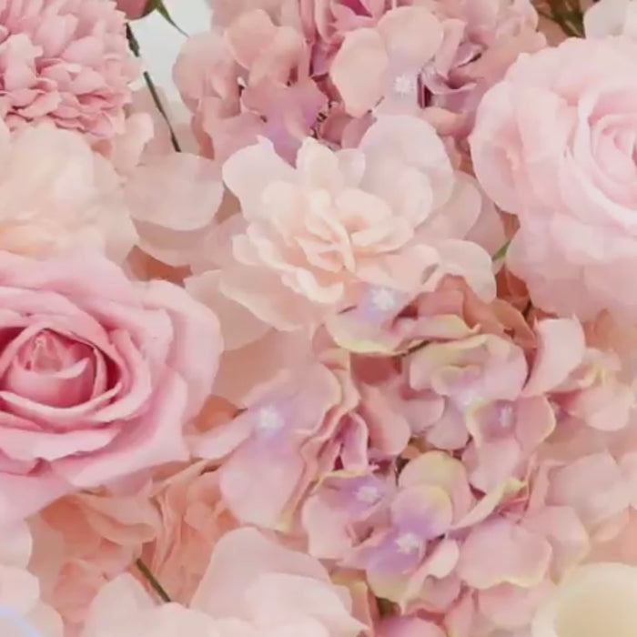 Mixed dusty rose silk flower runner with roses, hydrangeas, chrysanthemums, and peonies.