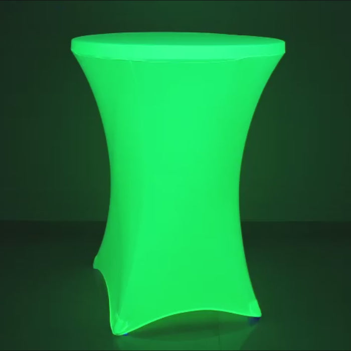 Glow neon green fitted cocktail table cover, 30" spandex, wrinkle-free.