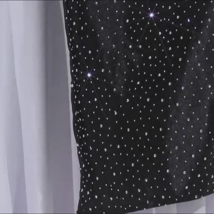 Black 20"x20" wrinkle-free reusable cloth napkin with rhinestone accents.