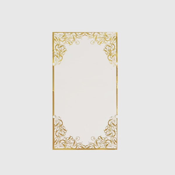 White paper dinner napkin with gold foil lace design, 8"x4", soft 2-ply.