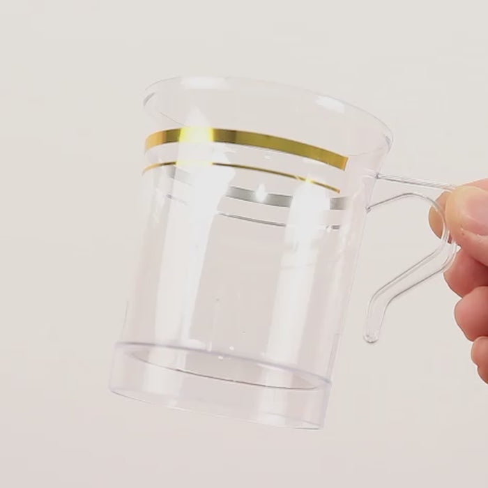 Clear plastic coffee mug with gold stripes, 8oz disposable tea cup with handle.