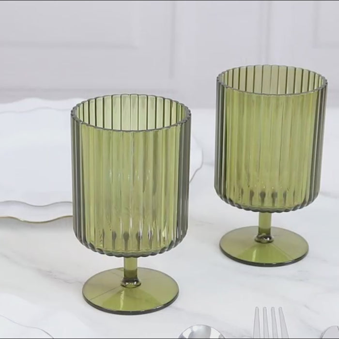 Dusty sage green ribbed plastic wine glasses, 12oz, vintage style.
