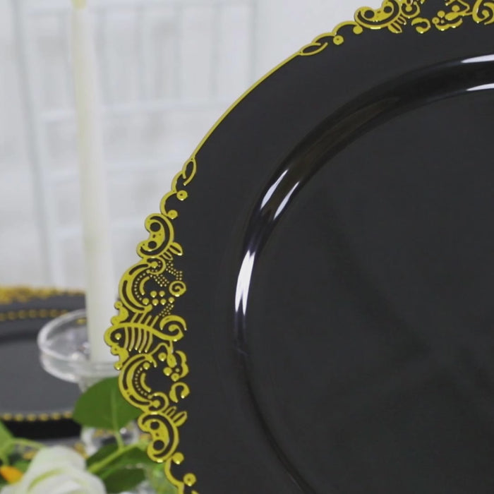 Black charger plate with gold embossed baroque rim for elegant dining.