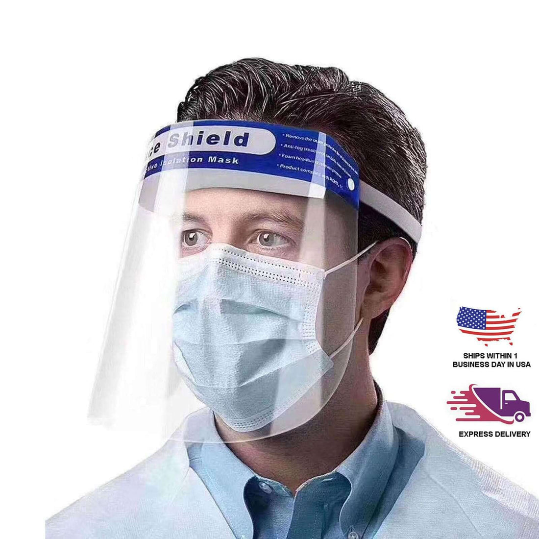 Protective face shield with mask for safety and hygiene.