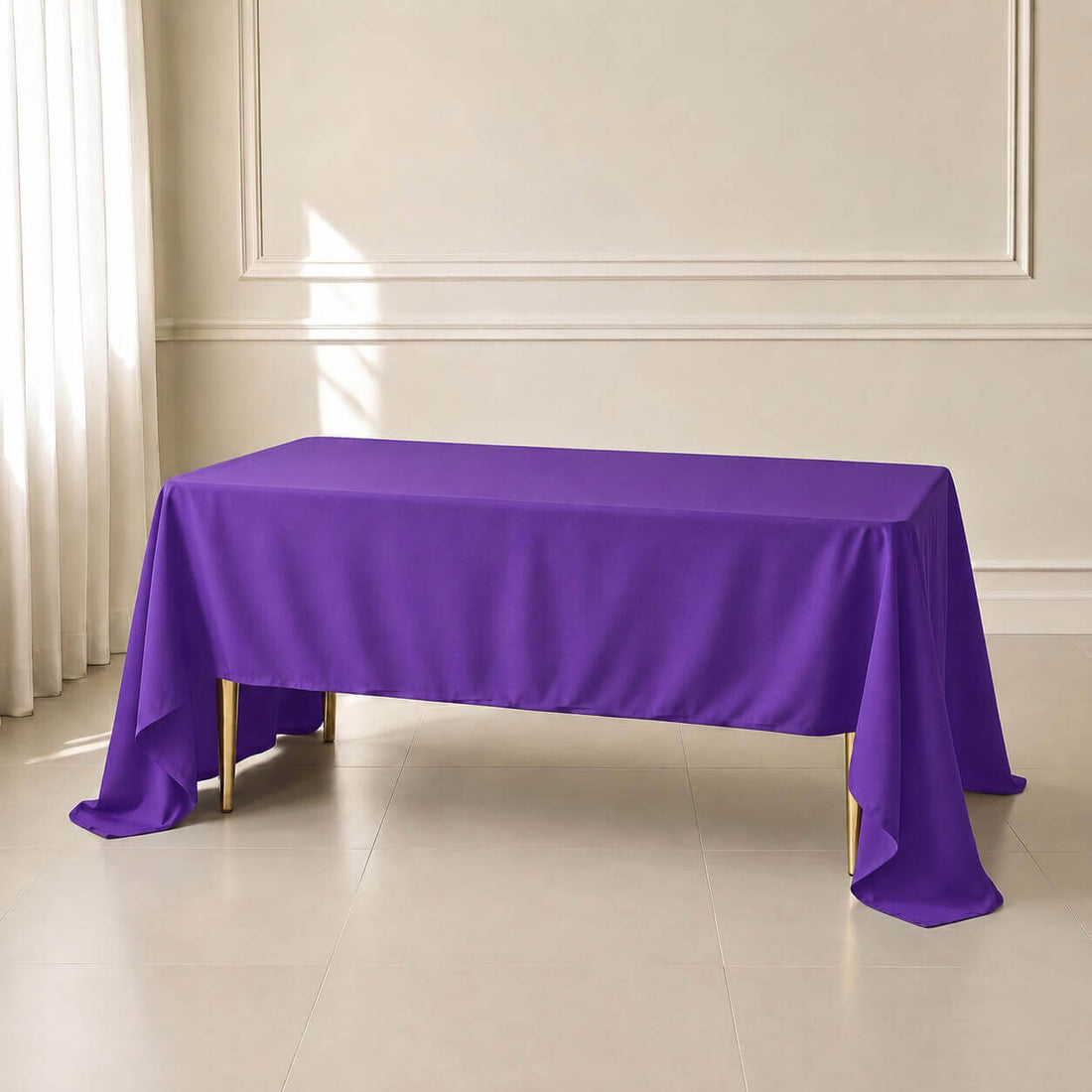 purple wrinkle-resistant tablecloth on a table