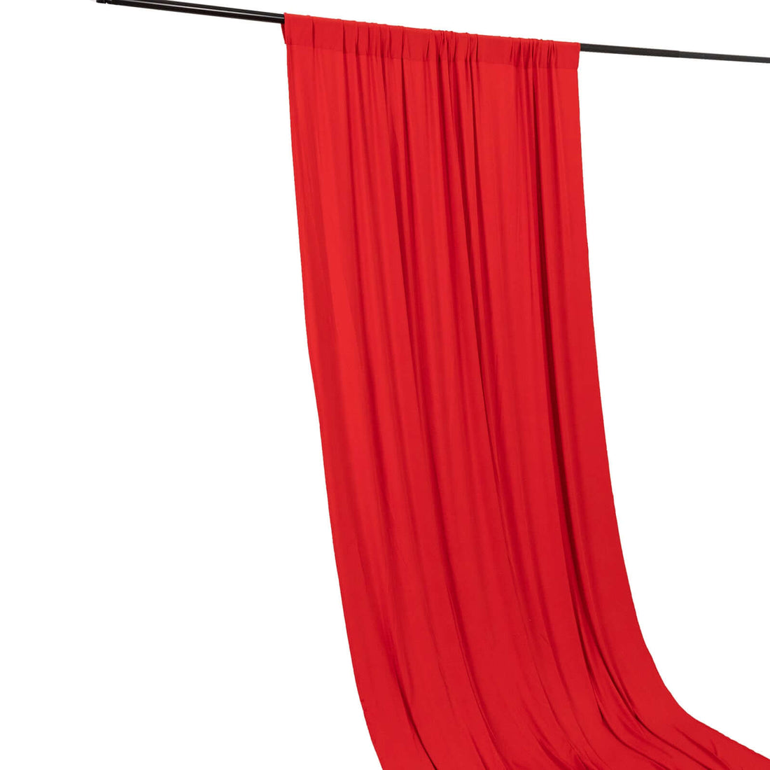 Red fabric draped elegantly from a black rod against a white background.