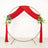 Red draped wedding arch with floral arrangements on a gold circular frame