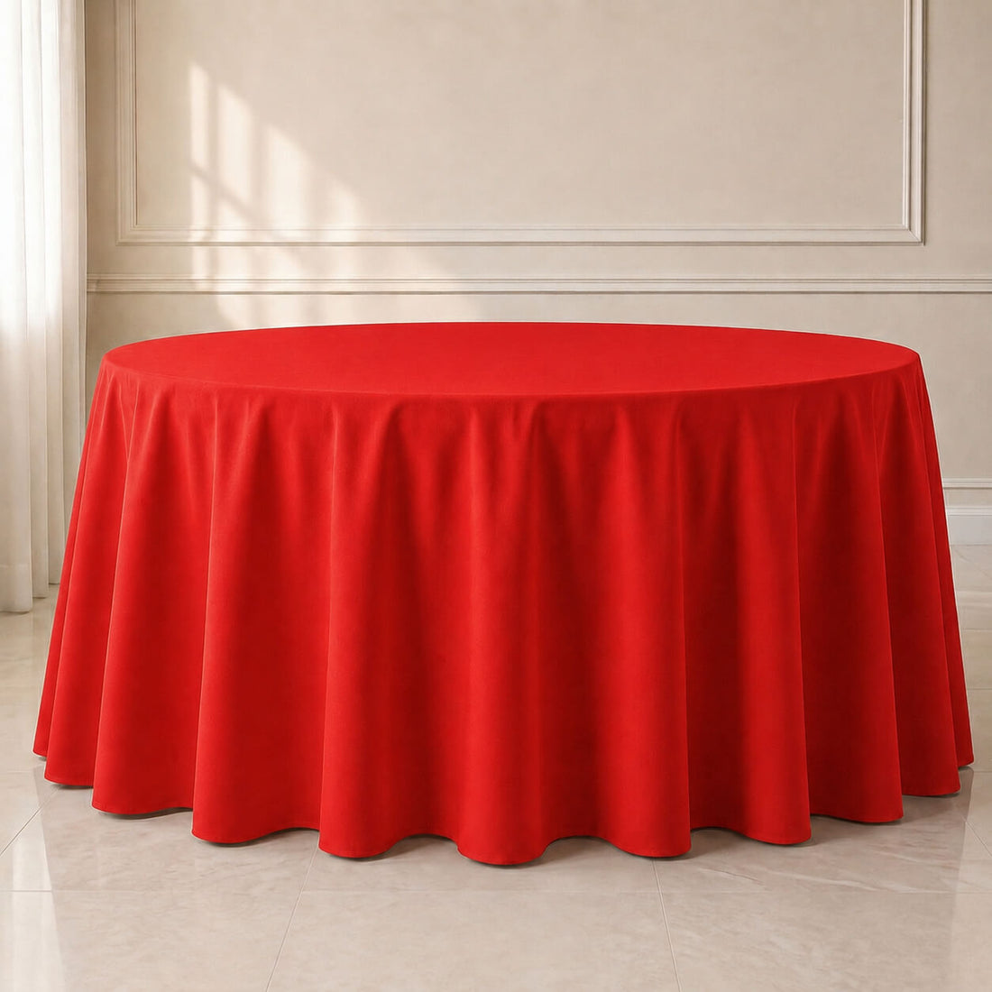 Red polyester round tablecloth, 120 inches, durable and seamless table cover.