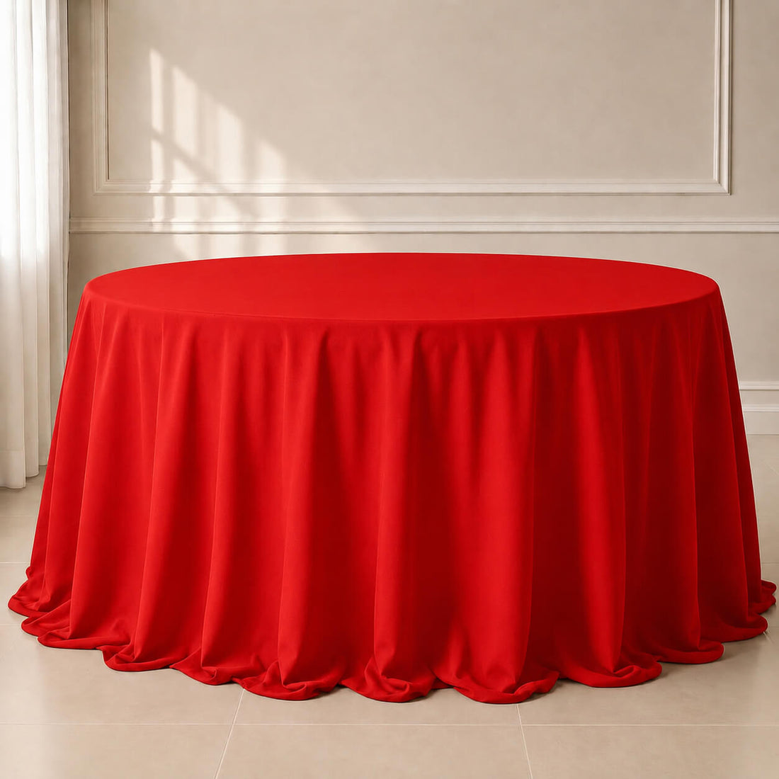 Red polyester round tablecloth with a seamless finish.