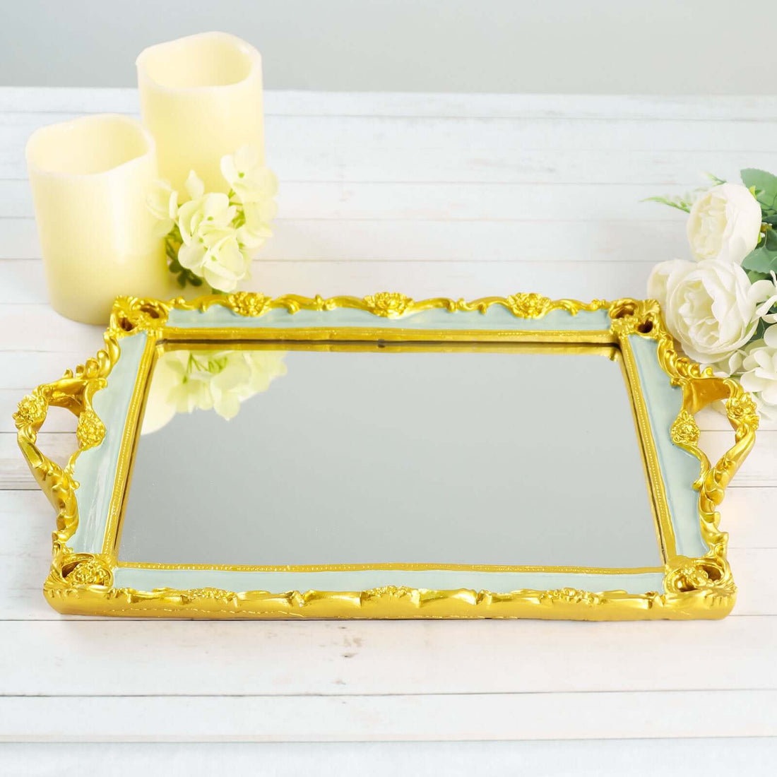 15"x10" Serving Tray Resin Mirrored Mint Green | eFavormart