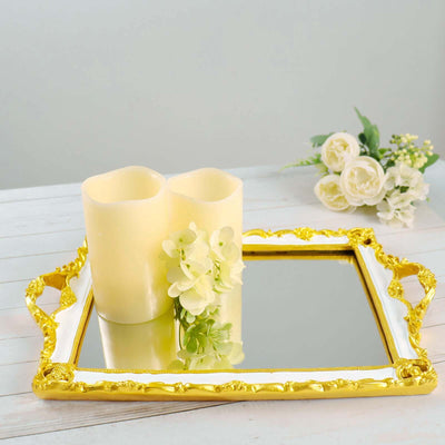Resin Mirrored Serving Tray 15"x10" Rectangle White with Gold Baroque Design - Stylish Decorative Vanity Tray Centerpiece