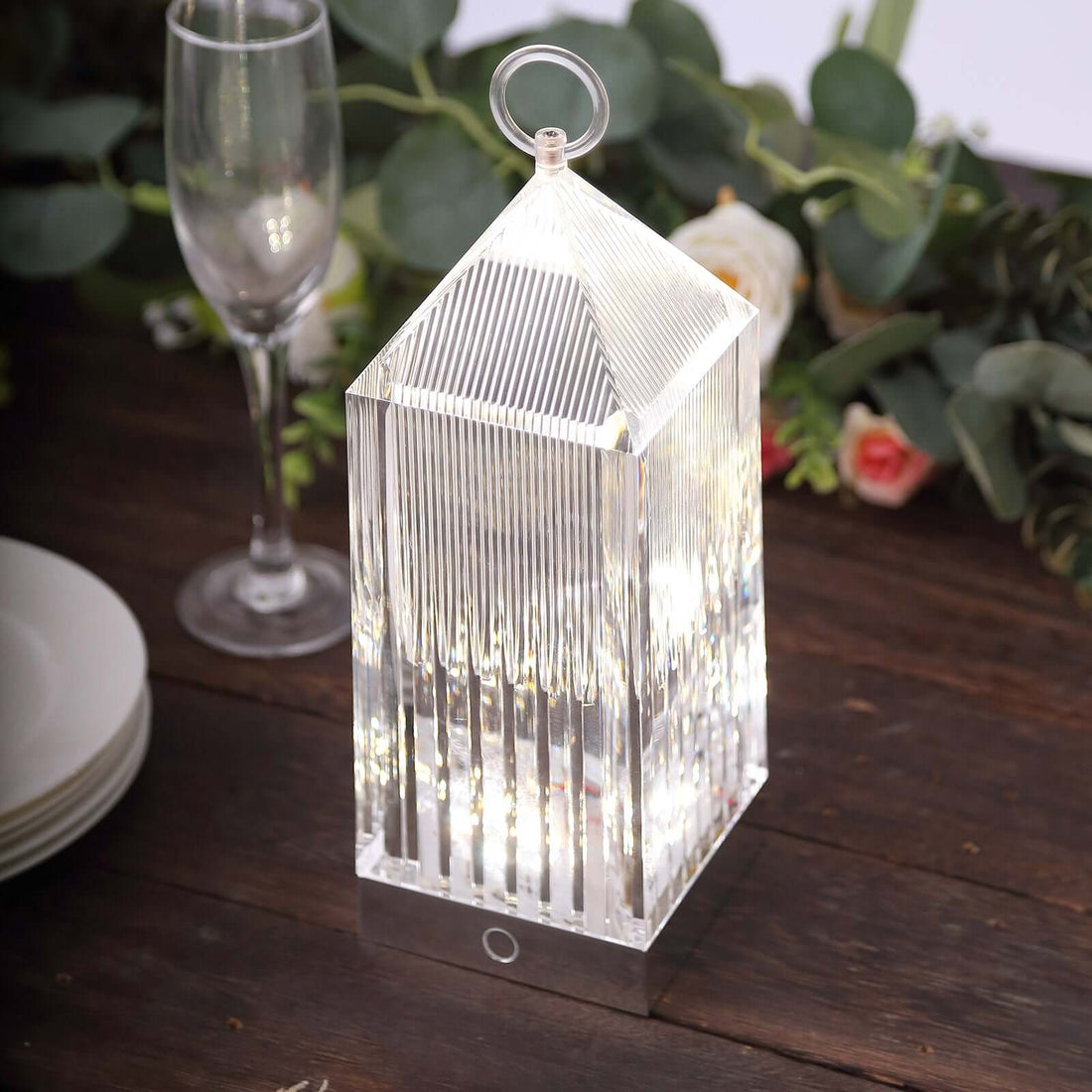 Crystal lantern with LED lights on a wooden table