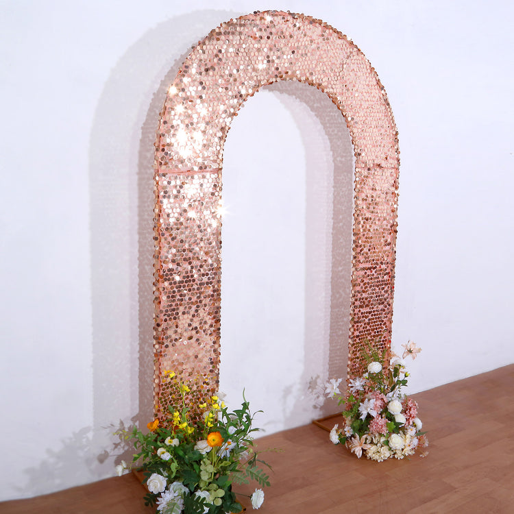 Rose Gold Double-Sided Big Payette Sequin Open Arch Backdrop Cover, U-Shaped Fitted Arch Covers 8ft