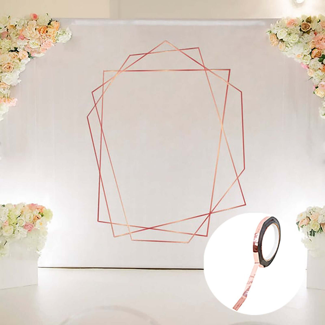 Rose gold geometric backdrop for events or photoshoots.