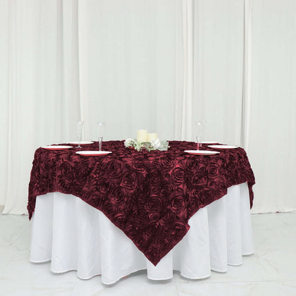 Rosette Satin Square Table Overlay 72"x72" Burgundy - 3D Table Topper