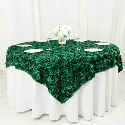 Rosette Satin Square Table Overlay 72"x72" Hunter Emerald Green - 3D Table Topper