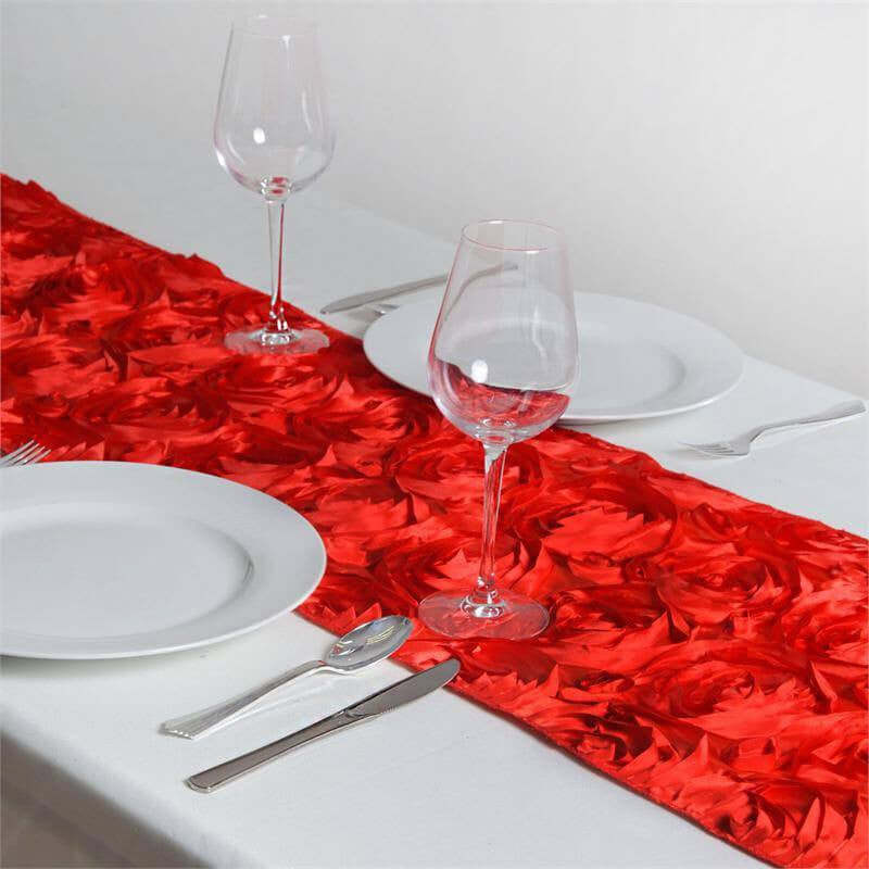 Red satin table runner for wedding reception decor