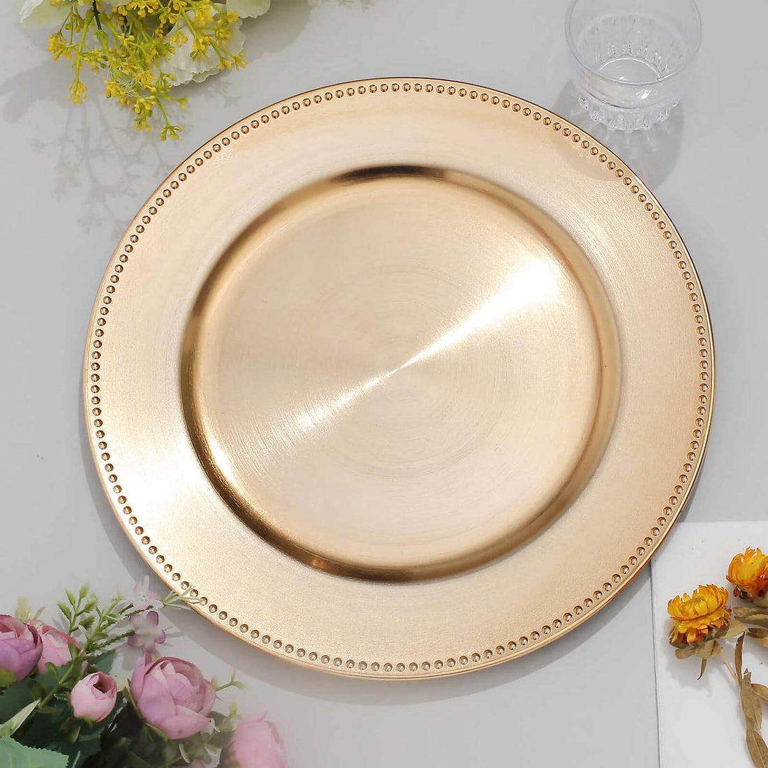 Metallic Rim Plates Metallic Gold Beaded Rim Charger Plates 6 Pack | eFavormart