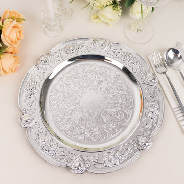 6 Pack Silver Floral Embossed Acrylic Charger Plates With Scalloped Rim, 13" Round Plastic Decorative Serving Plates