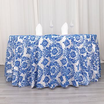 120" Royal Blue Seamless Round Velvet Flocking Design Taffeta Damask Tablecloth