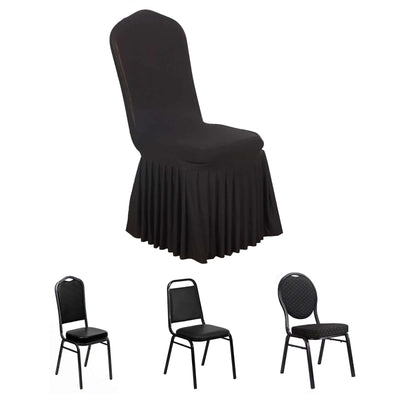 Ruffle Pleated Skirt Banquet Spandex Chair Cover Black - 1-Piece Stretch Fitted Slipcover