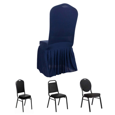 Ruffle Pleated Skirt Banquet Spandex Chair Cover Navy Blue - 1-Piece Stretch Fitted Slipcover