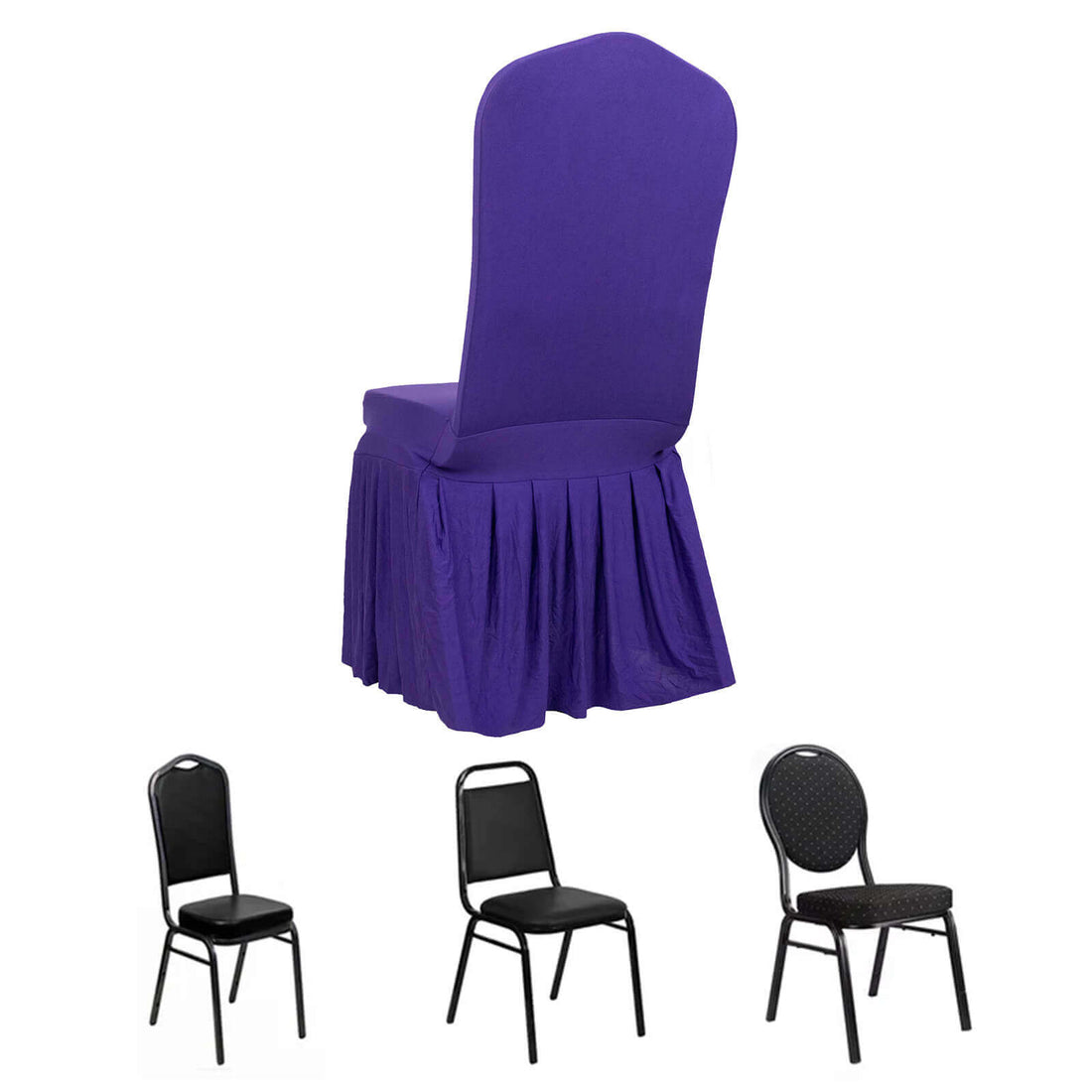 Purple chair cover with pleats, showcasing style and elegance.