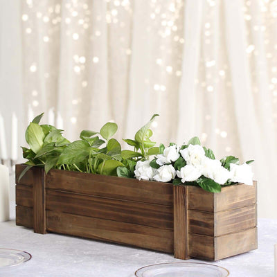 Rustic Wood Planter Box Smoked Brown 24"x6" with Plastic Liner - Long Natural Decor for Tables