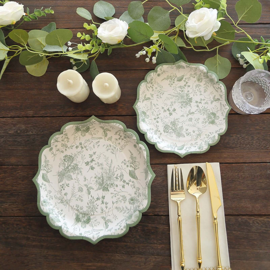 French Toile Dinner Plates Sage Green Scalloped Rim 10