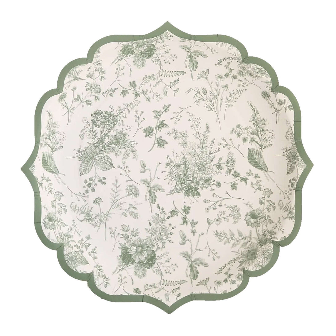French Toile Dinner Plates Sage Green Scalloped Rim 10