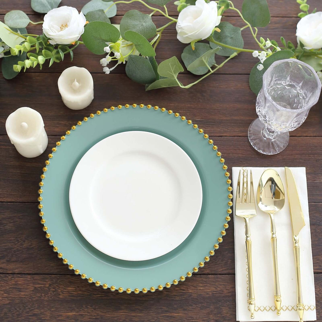 10pk Round Plates Plastic Gold Beaded Sage | eFavormart