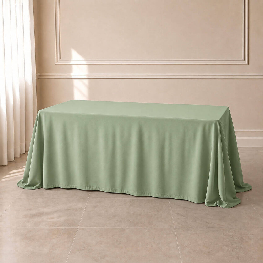 sage green rectangle tablecloth on a table