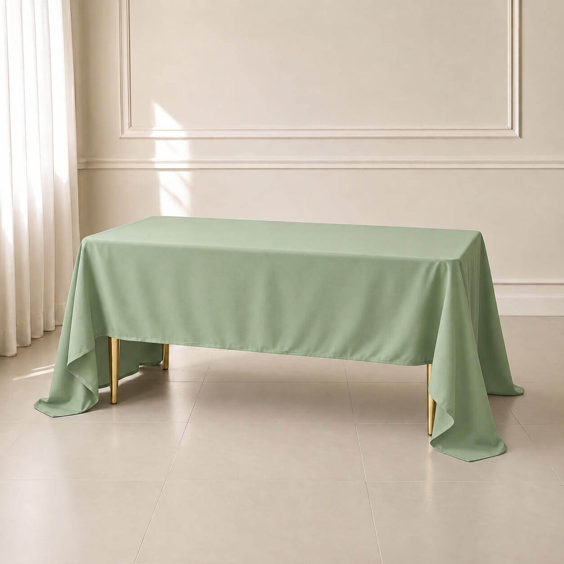 sage green rectangle tablecloth on a table