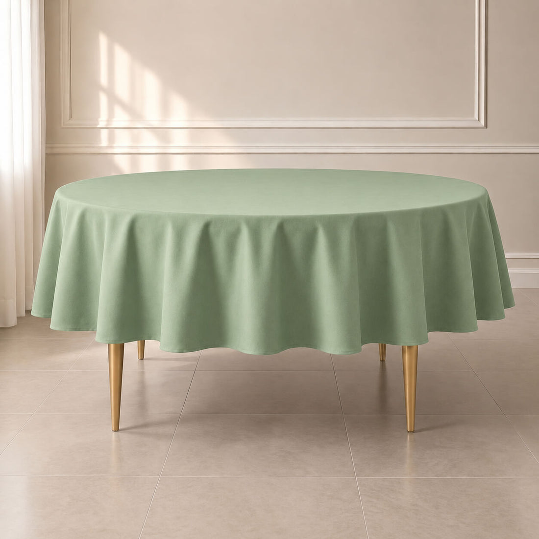 Sage green round tablecloth on a dining table with golden legs.