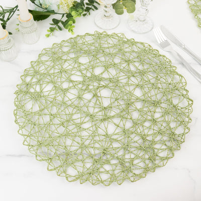 6-Pack Woven Fiber Table Placemats 15" Round Design Sage Green - Disposable Dining Mats