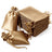 Gold satin drawstring bags and flat pouches stacked together.