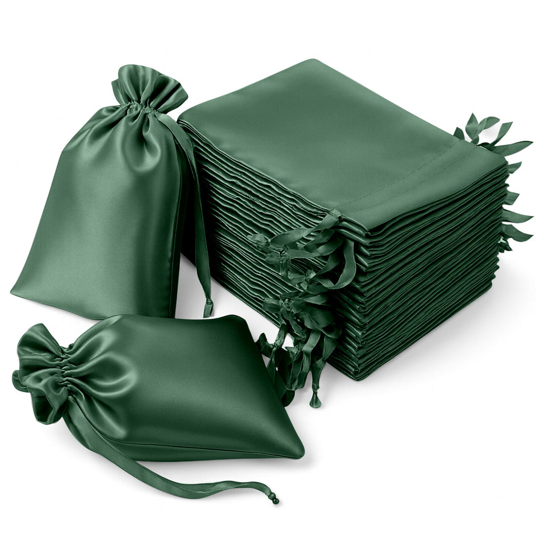 Green satin drawstring bags and flat pouches stacked together.